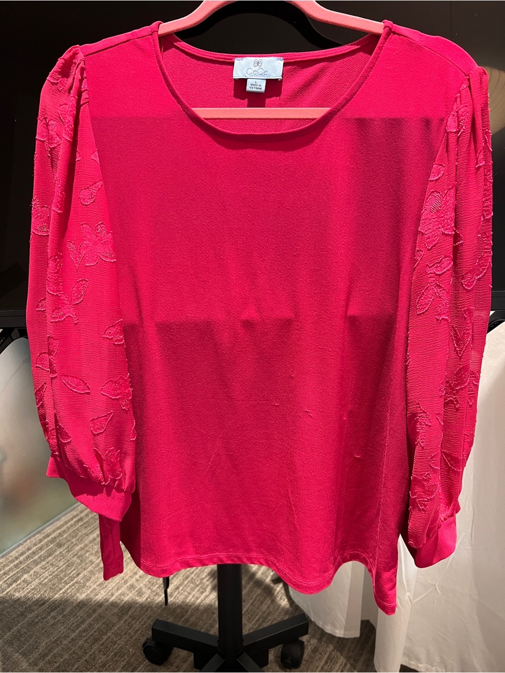 CeCe Bright Hot Pink 3/4 Length Textured Sleeve Blouse